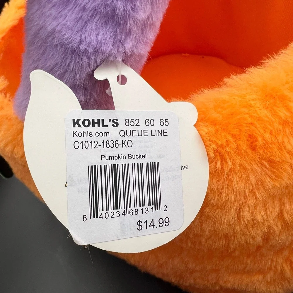 Kohl's Plush Pumpkin Candy Bucket Halloween Trick or Treat Basket NWT